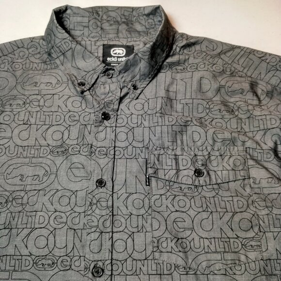 Vintage Y2K Ecko Unltd Shirt 2XL Gray All Over Print Logo Spellout Streetwear - Picture 11 of 13